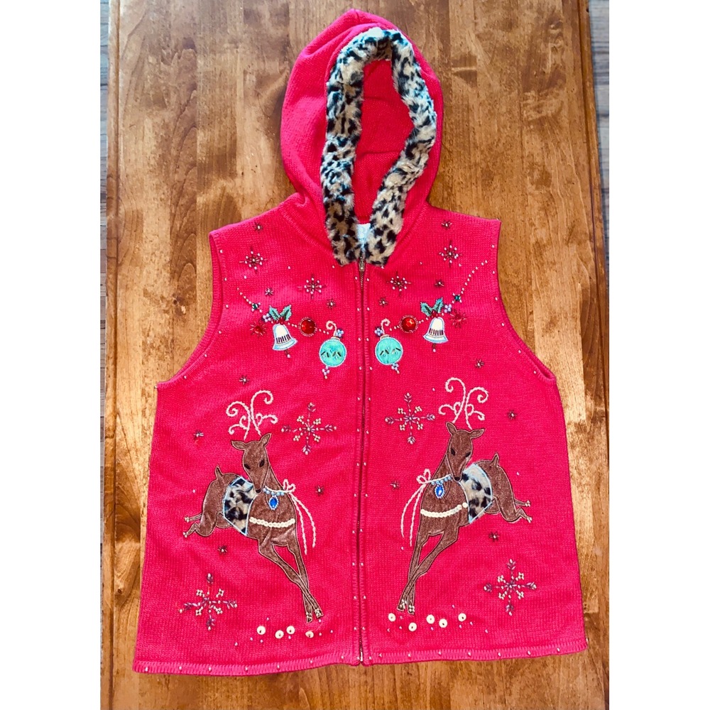 CB Collections Red Hooded Vest Embellished Reindeer Christmas Sweater Vest L